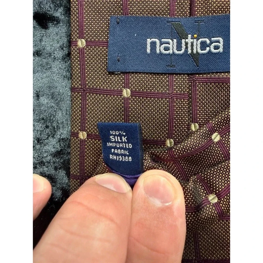 Nautica Men's 100% Silk Tie Brown Purple Grid Geometric Made Austria 4